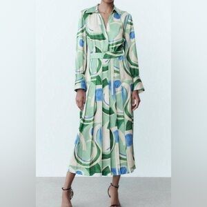 ZARA midi dress satin effect printed long sleeve multicolor -XS